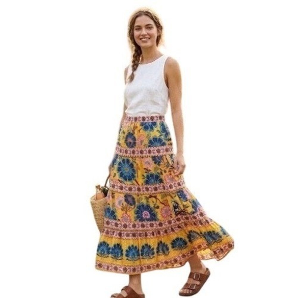 Farm Rio Yellow Floral Tiered Maxi Skirt Clip Dot Boho Crochet Trim Womens M‎